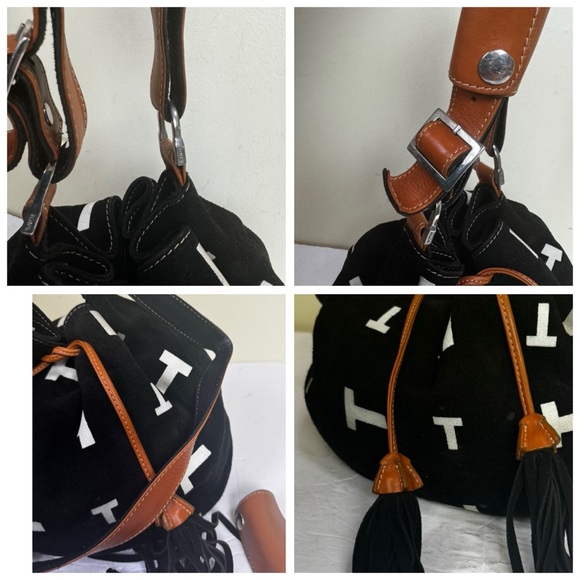 Tod’s T Logo Tassels Bucket Hobo Bag Leather Camel Suede Drawcord Luxury Preppy - Picture 11 of 15